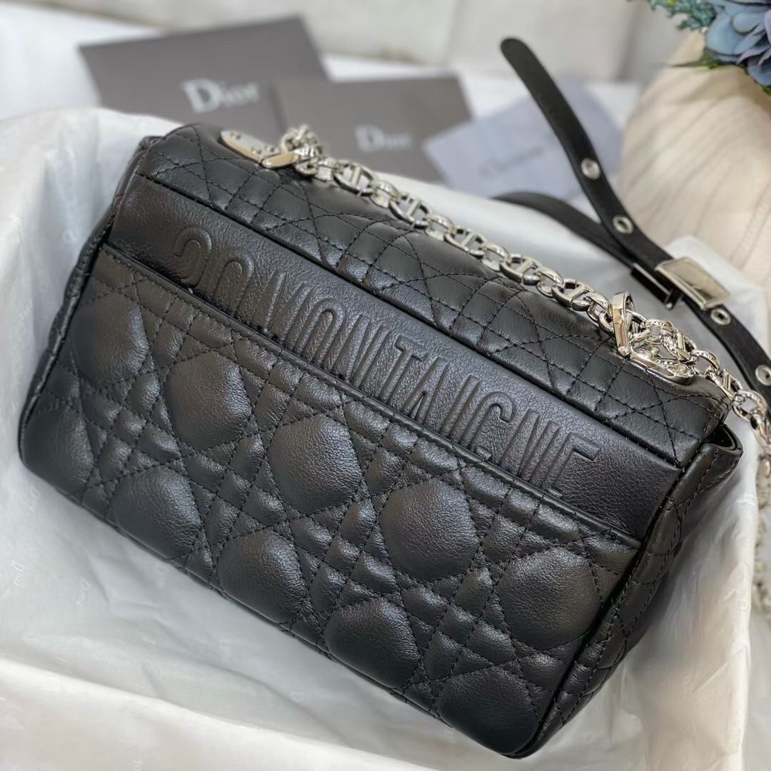 D*or small caro bag in noir cannage calfskin