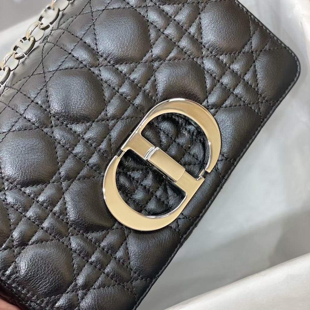D*or small caro bag in noir cannage calfskin