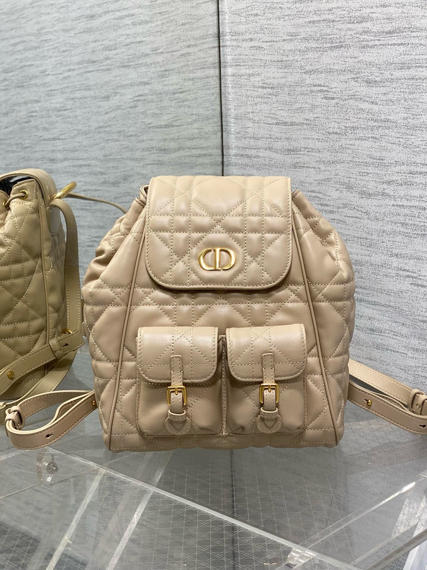 D*or caro medium backpack in beige macrocannage lambskin