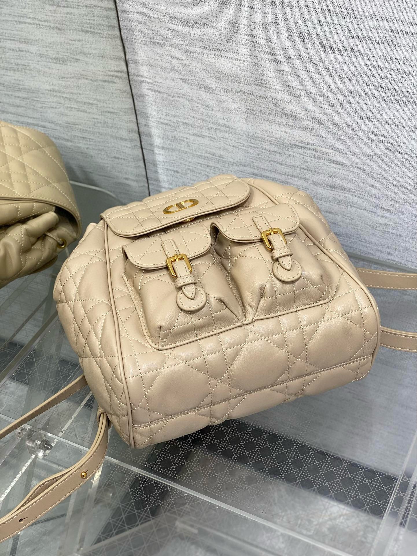 D*or caro medium backpack in beige macrocannage lambskin