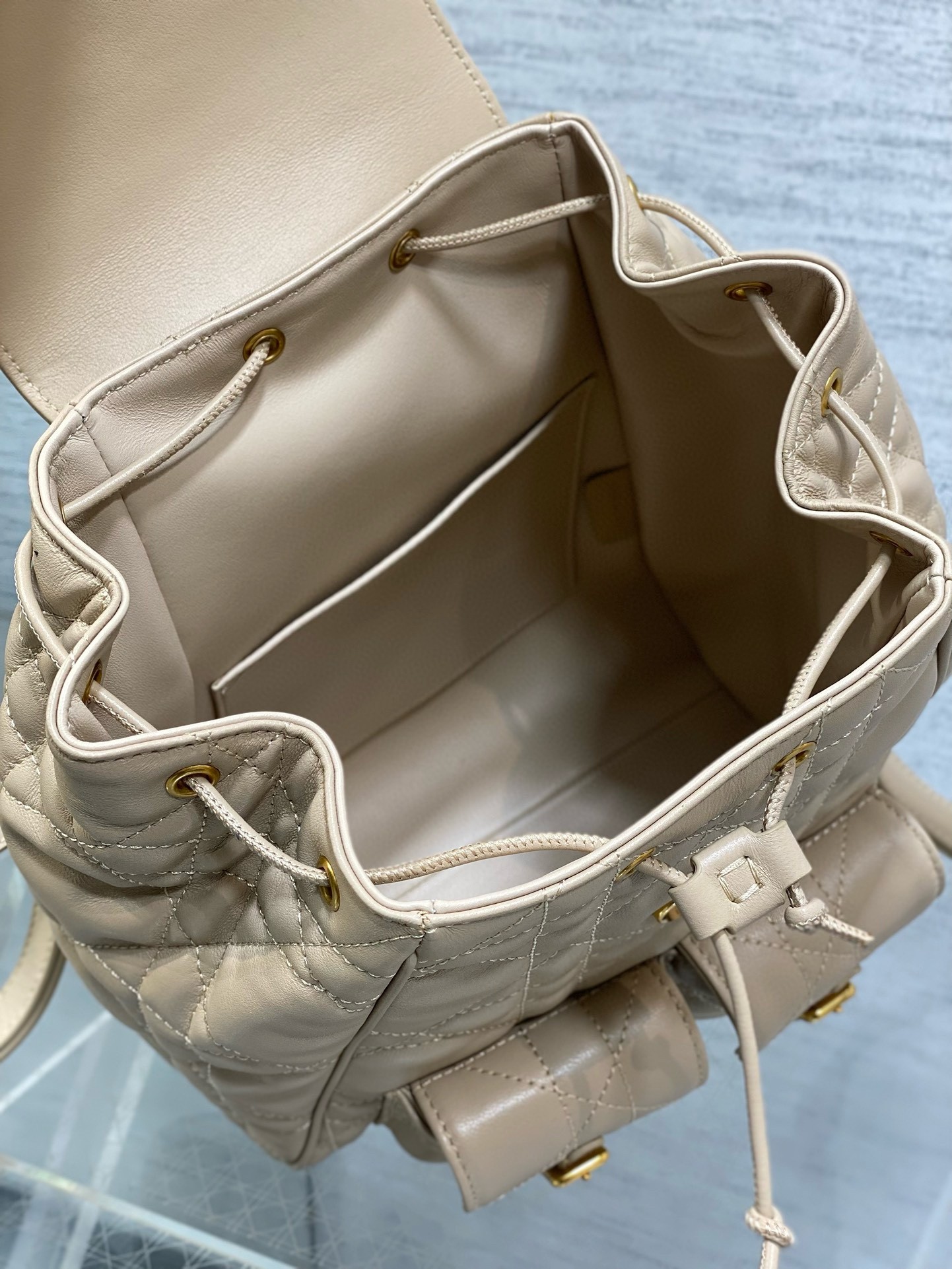 D*or caro medium backpack in beige macrocannage lambskin
