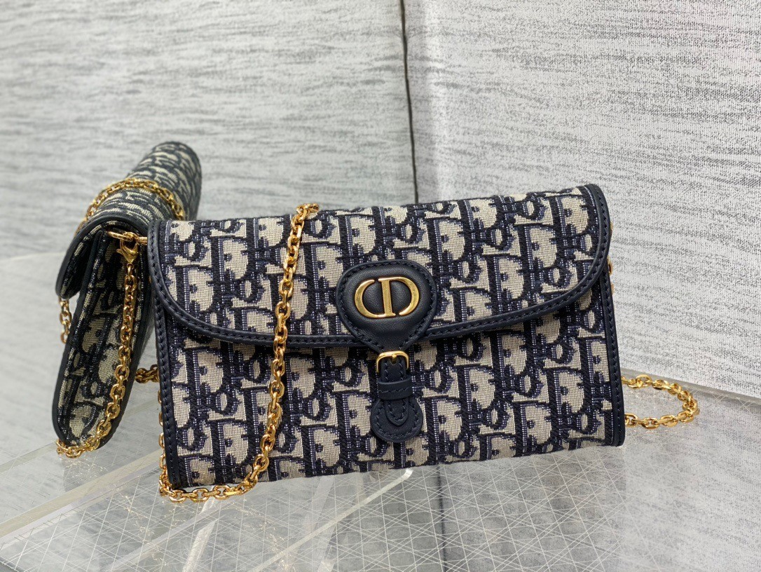 D*or bobby east-west chain pouch in blue oblique jacquard