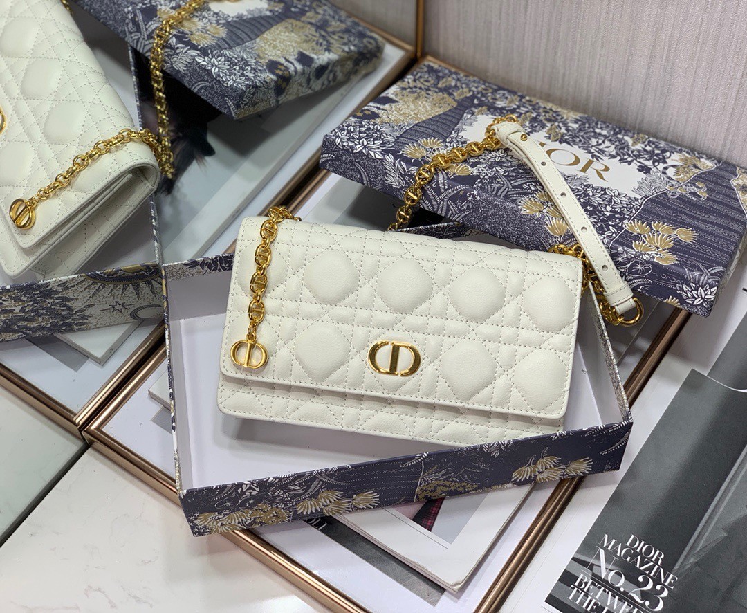 D*or caro chain pouch in white cannage calfskin