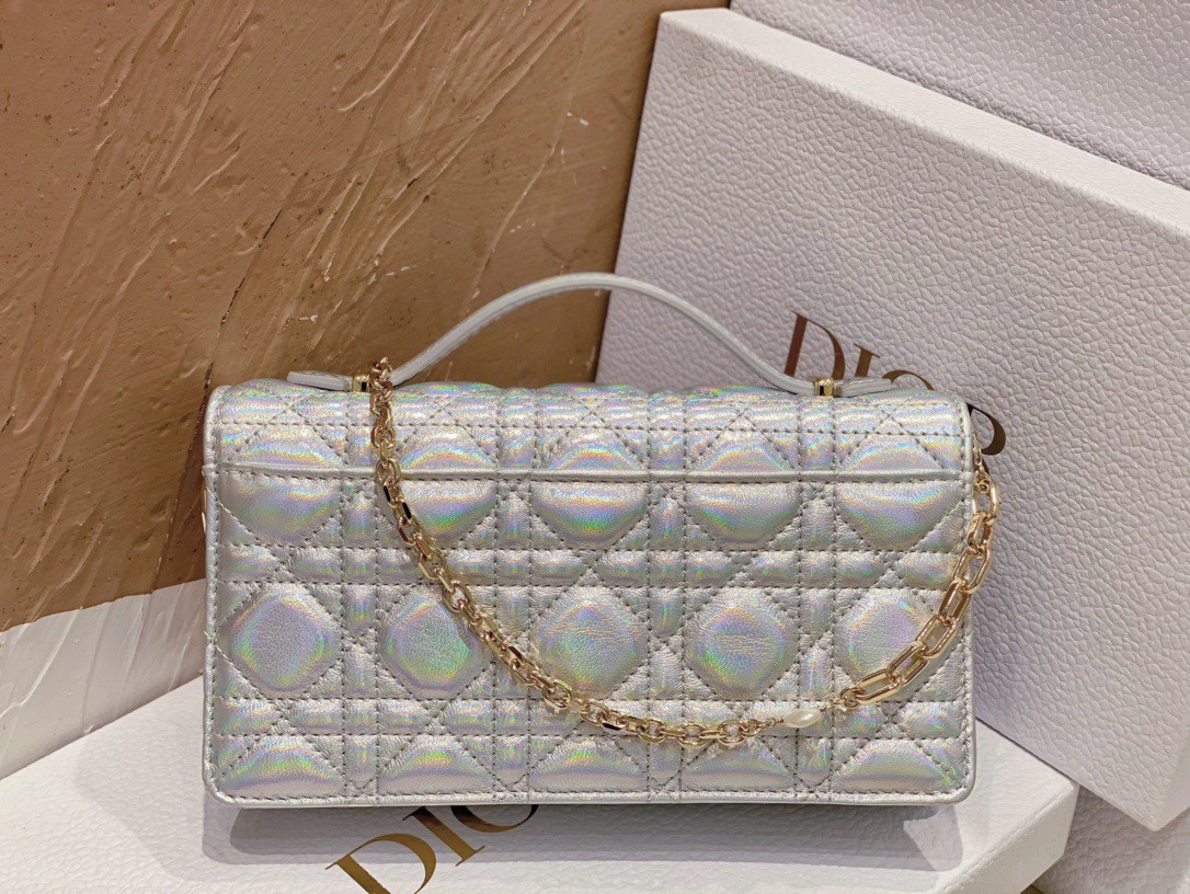 D*or miss D*or mini bag in iridescent metallic silver lambskin
