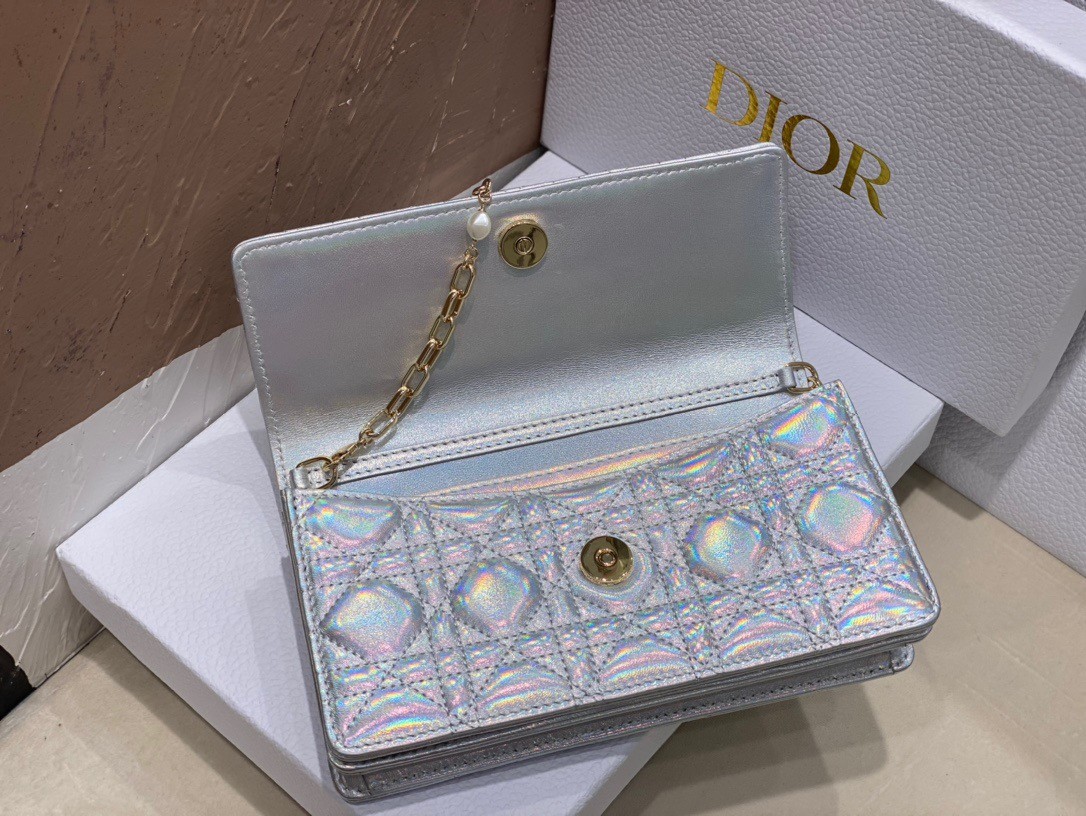 D*or miss D*or mini bag in iridescent metallic silver lambskin