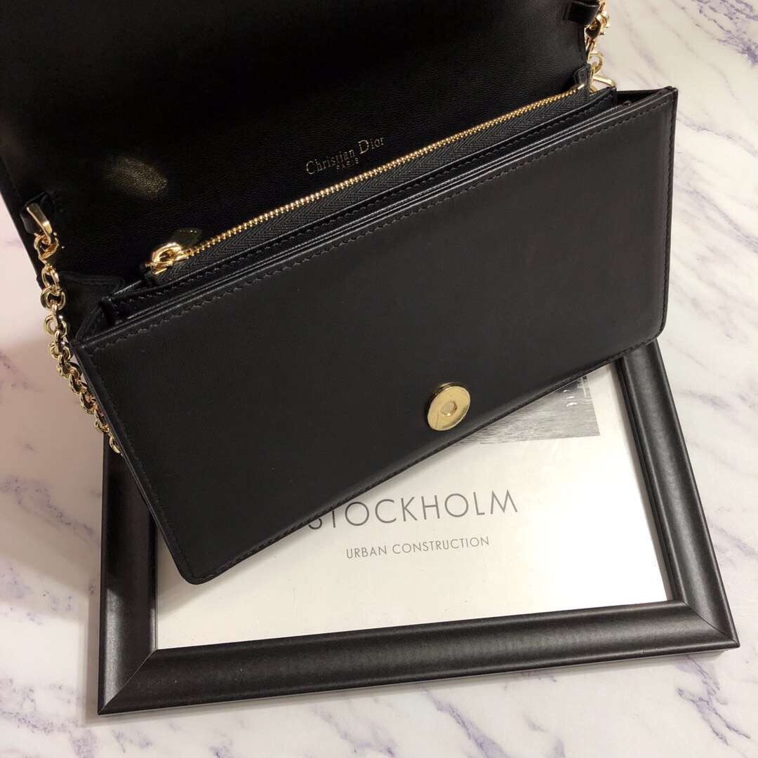 D*or lady D*or clutch with chain in black lambskin