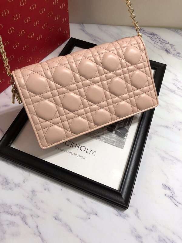 D*or lady D*or clutch with chain in nude lambskin