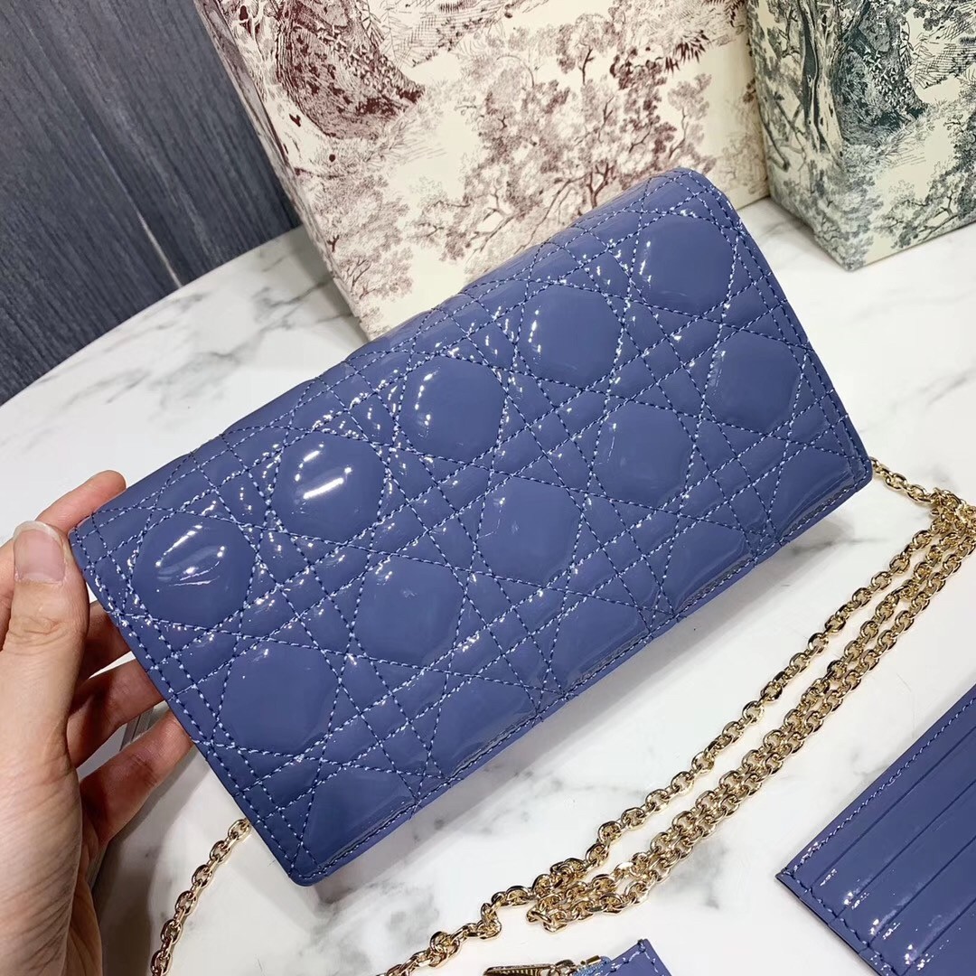 D*or lady D*or clutch with chain in denim blue patent