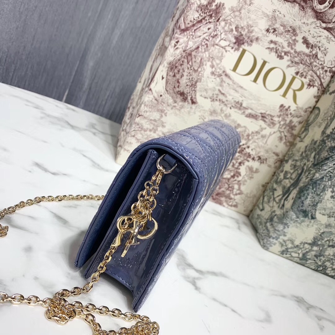 D*or lady D*or clutch with chain in denim blue patent