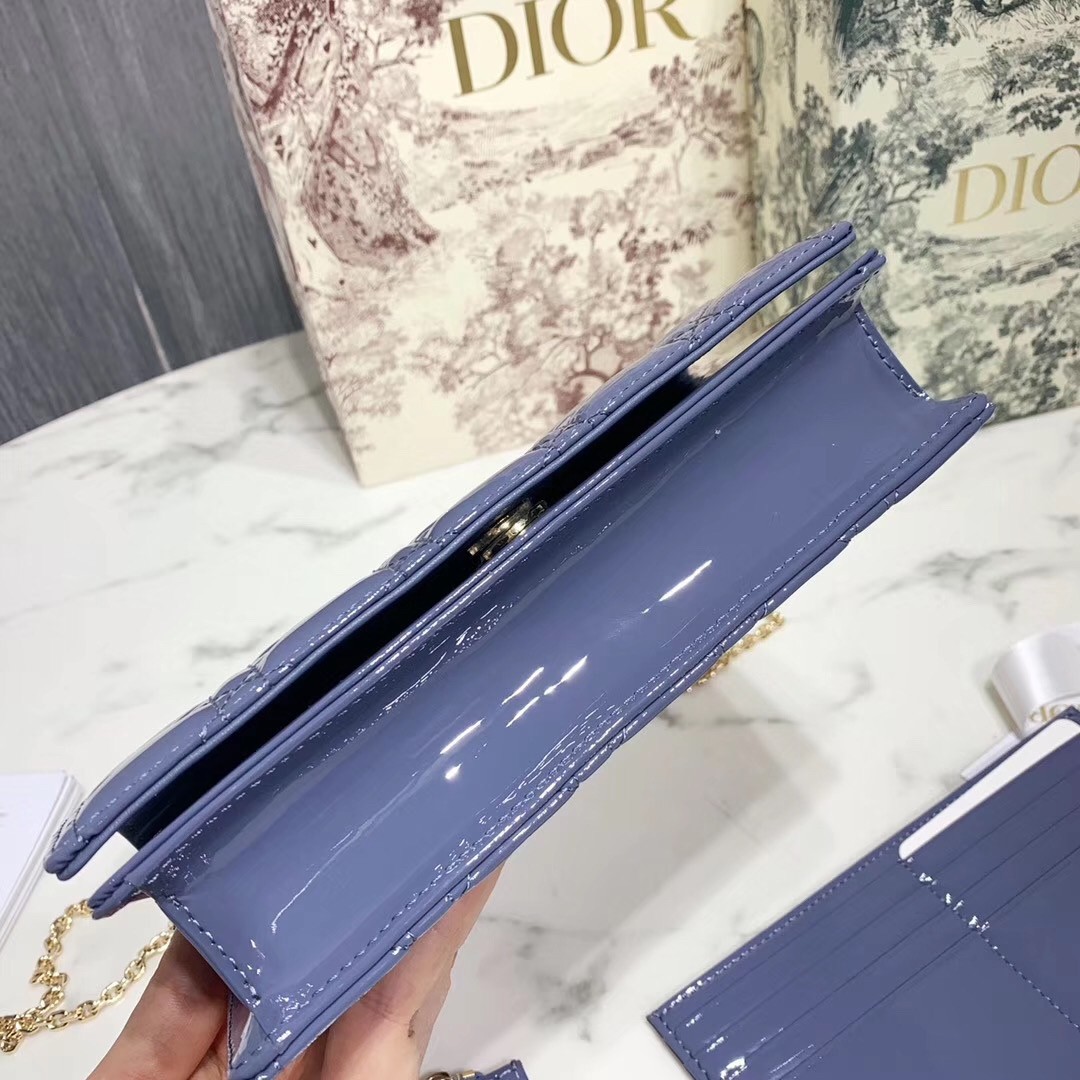 D*or lady D*or clutch with chain in denim blue patent
