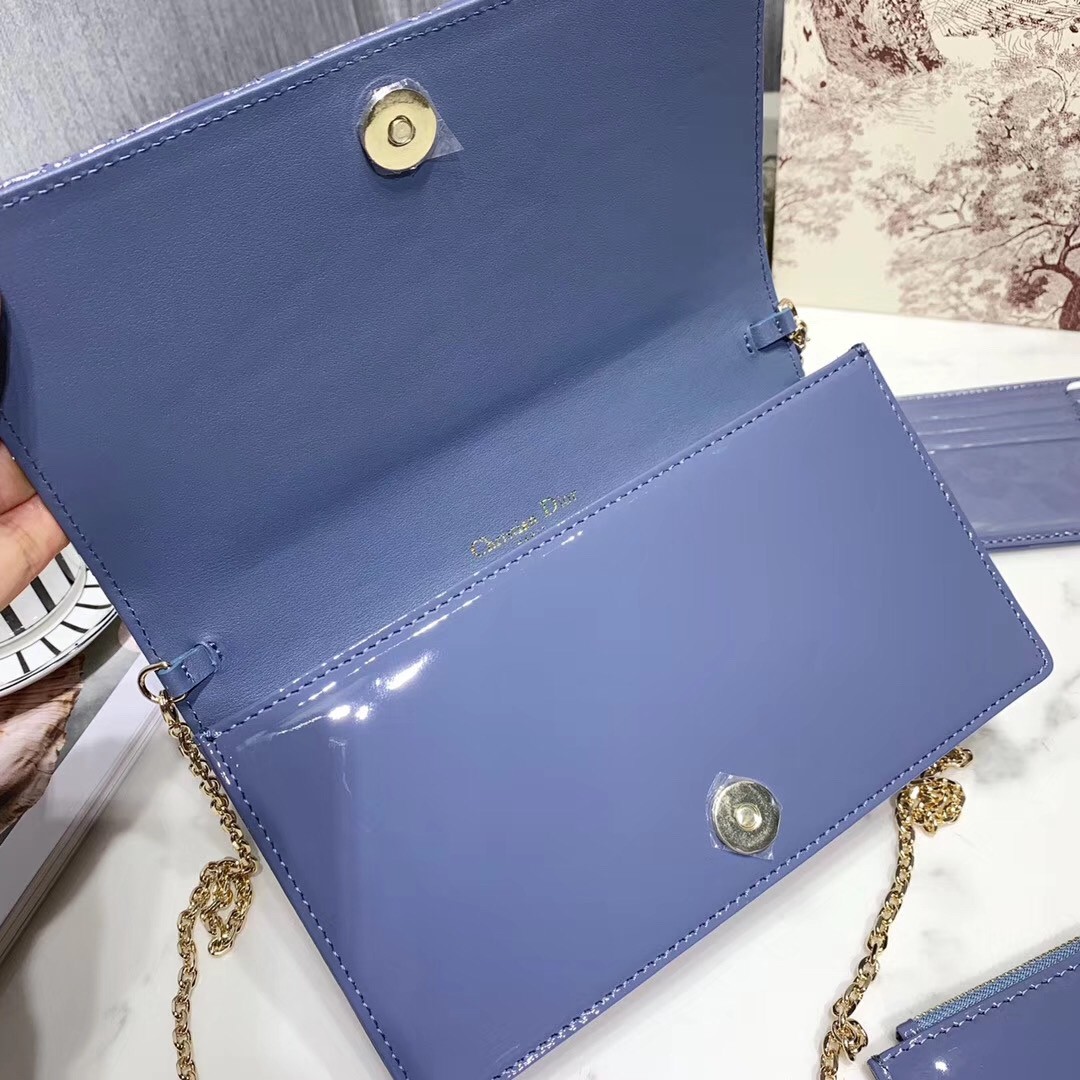 D*or lady D*or clutch with chain in denim blue patent