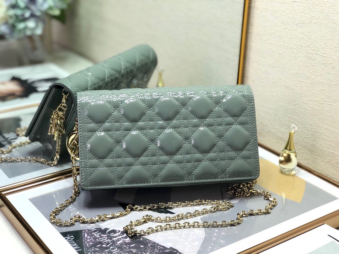 D*or lady D*or clutch with chain in grey patent leather