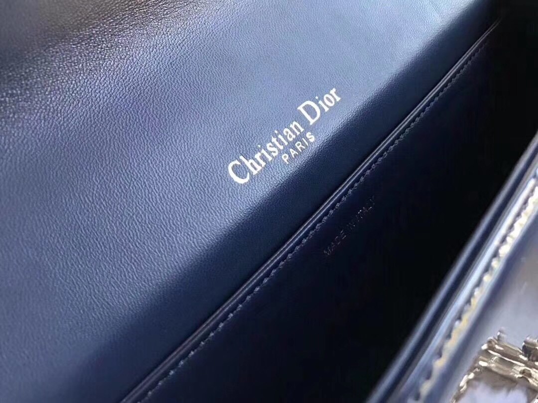 D*or lady D*or clutch with chain in indigo blue patent
