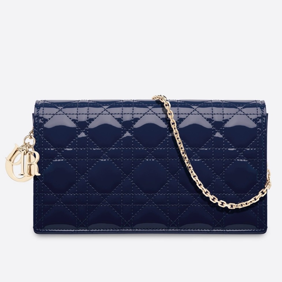 D*or lady D*or clutch with chain in indigo blue patent