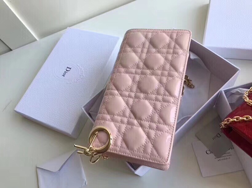 D*or lady D*or clutch with chain in pink patent
