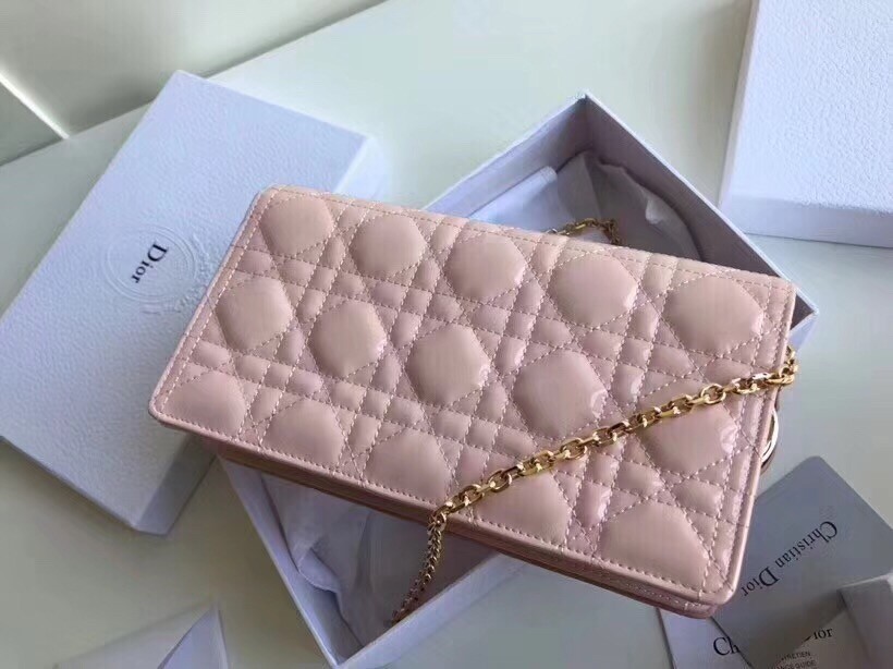 D*or lady D*or clutch with chain in pink patent