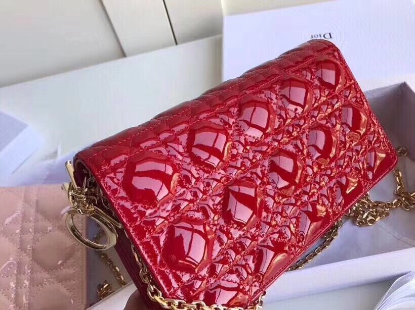 D*or lady D*or clutch with chain in red patent calfskin