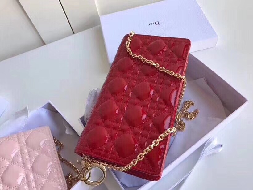 D*or lady D*or clutch with chain in red patent calfskin