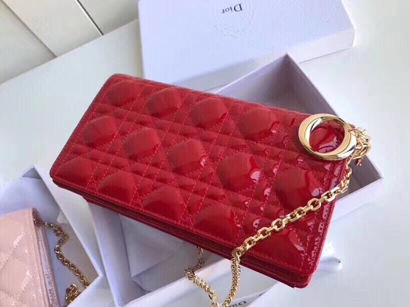 D*or lady D*or clutch with chain in red patent calfskin