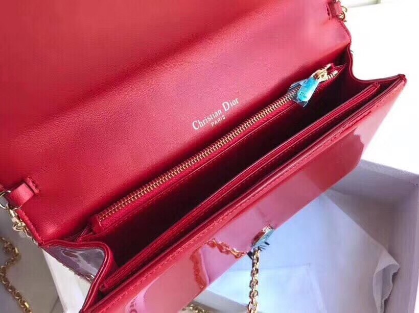 D*or lady D*or clutch with chain in red patent calfskin