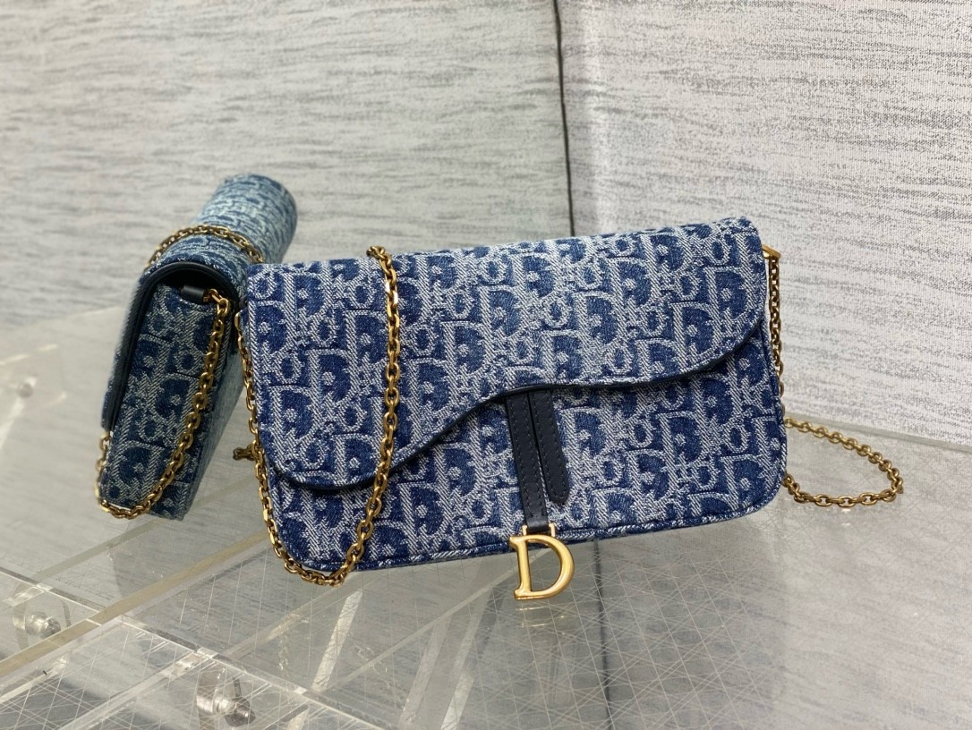 D*or saddle chain pouch in blue denim oblique jacquard