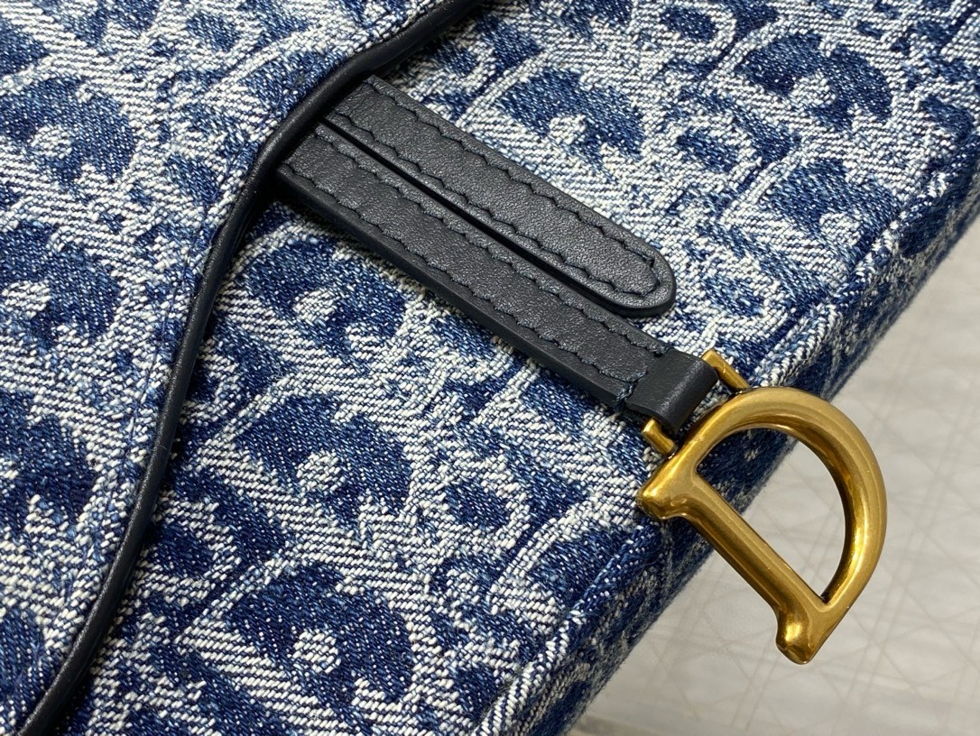 D*or saddle chain pouch in blue denim oblique jacquard