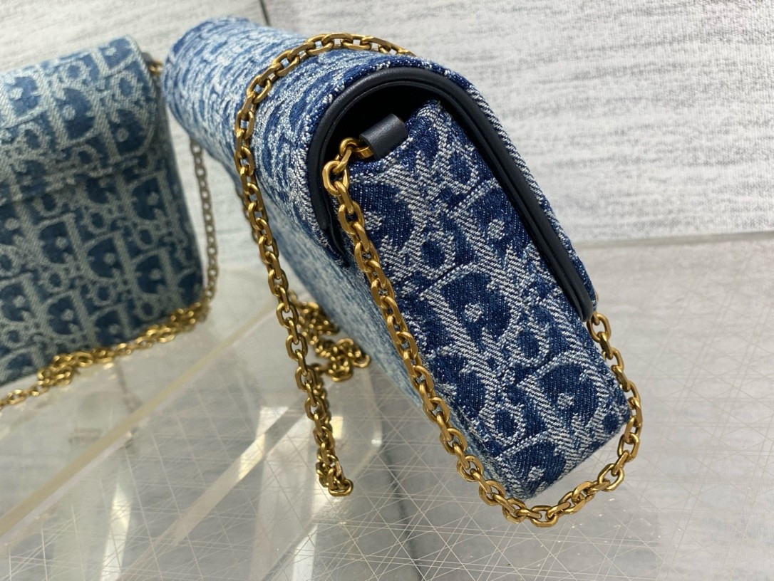D*or saddle chain pouch in blue denim oblique jacquard