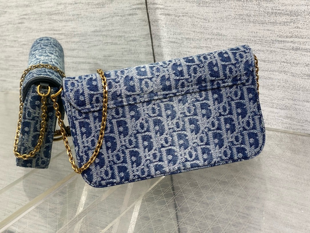 D*or saddle chain pouch in blue denim oblique jacquard
