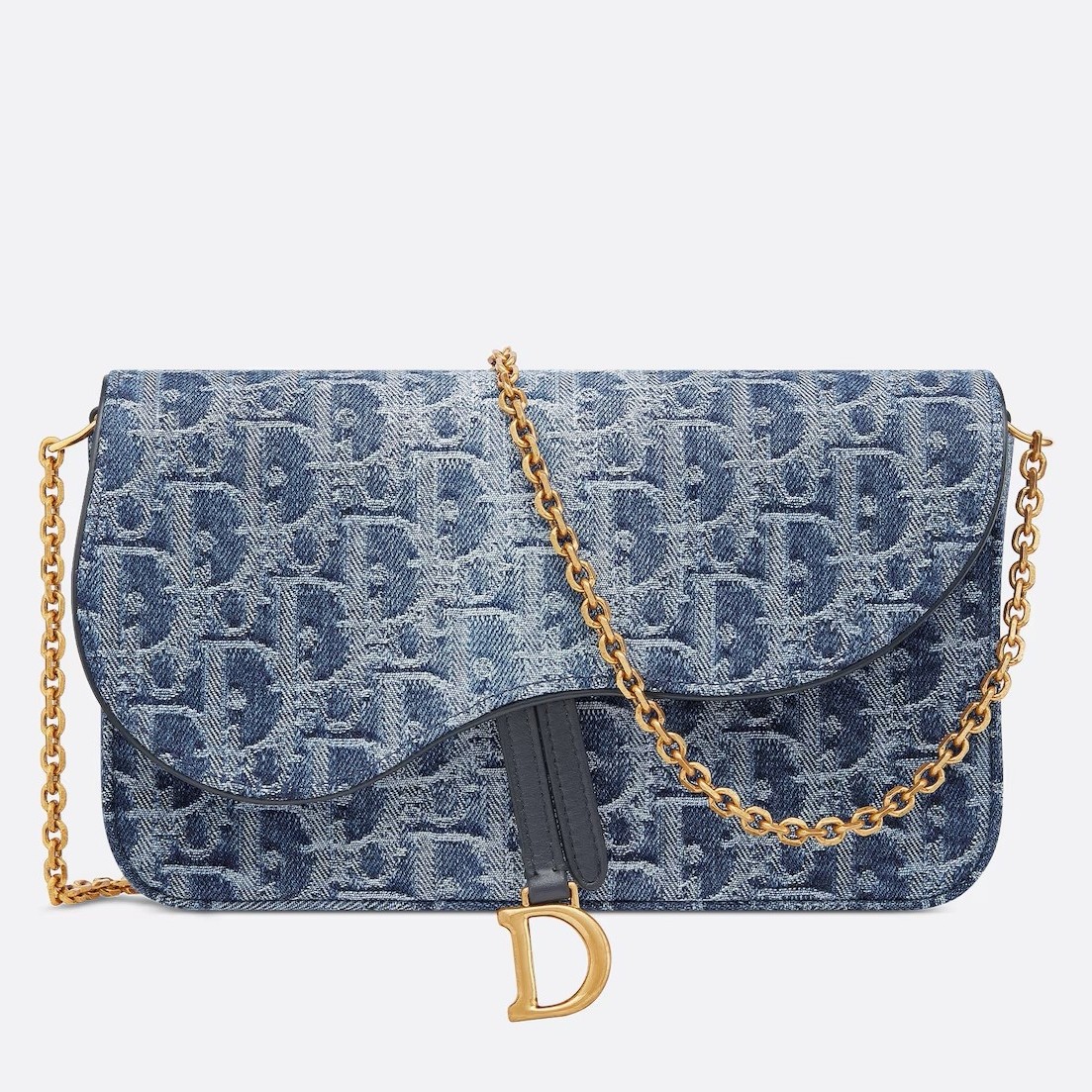 D*or saddle chain pouch in blue denim oblique jacquard