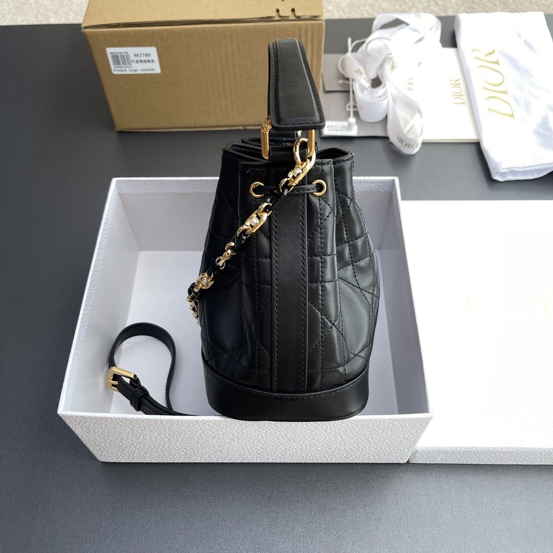 D*or small jolie bucket bag in black macrocannage lambskin