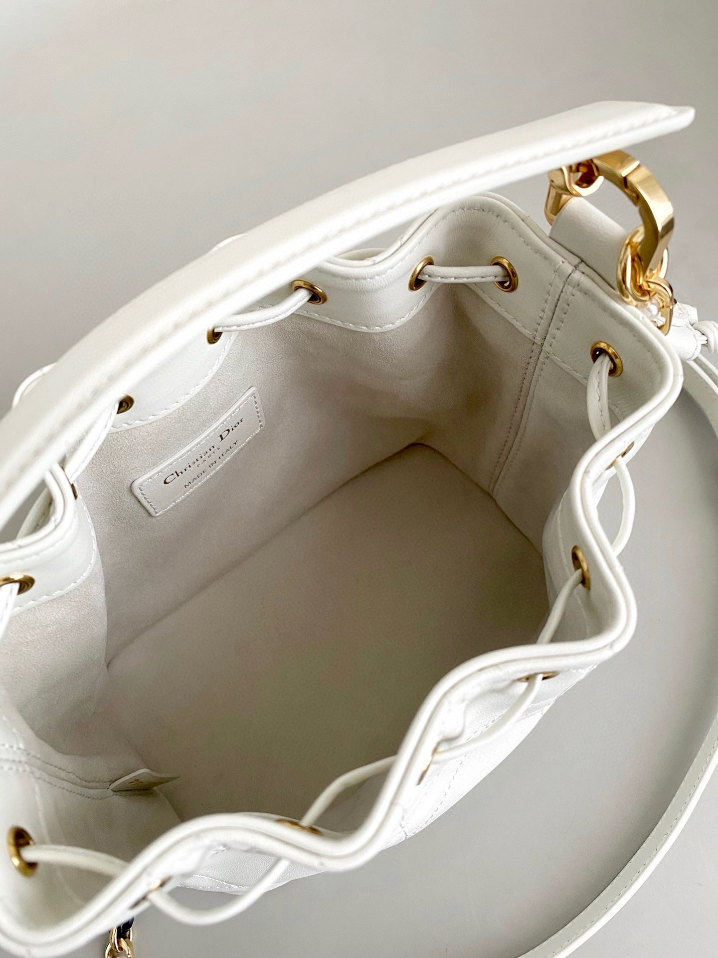 D*or small jolie bucket bag in white macrocannage lambskin