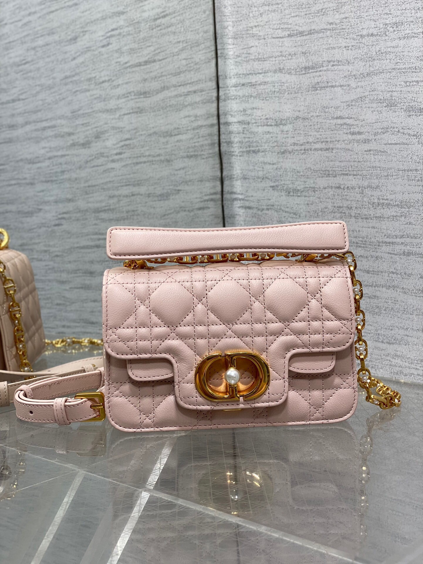 D*or mini jolie top handle bag in pink cannage calfskin