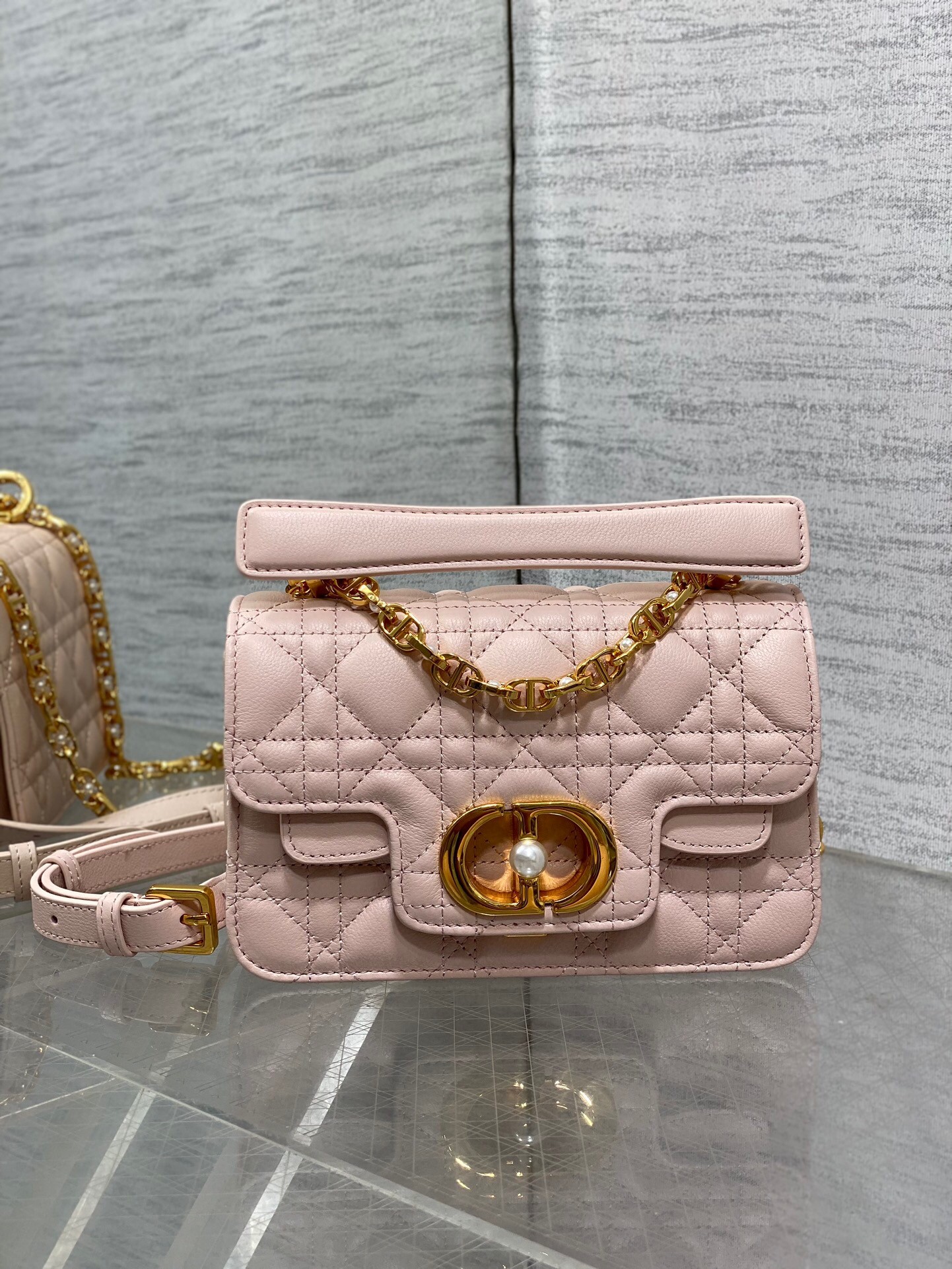 D*or mini jolie top handle bag in pink cannage calfskin