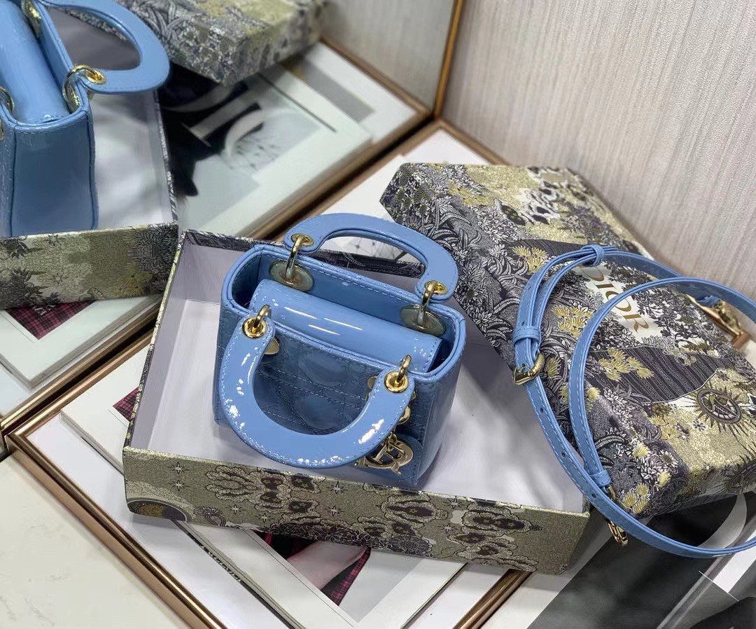 D*or micro lady D*or bag in blue patent calfskin