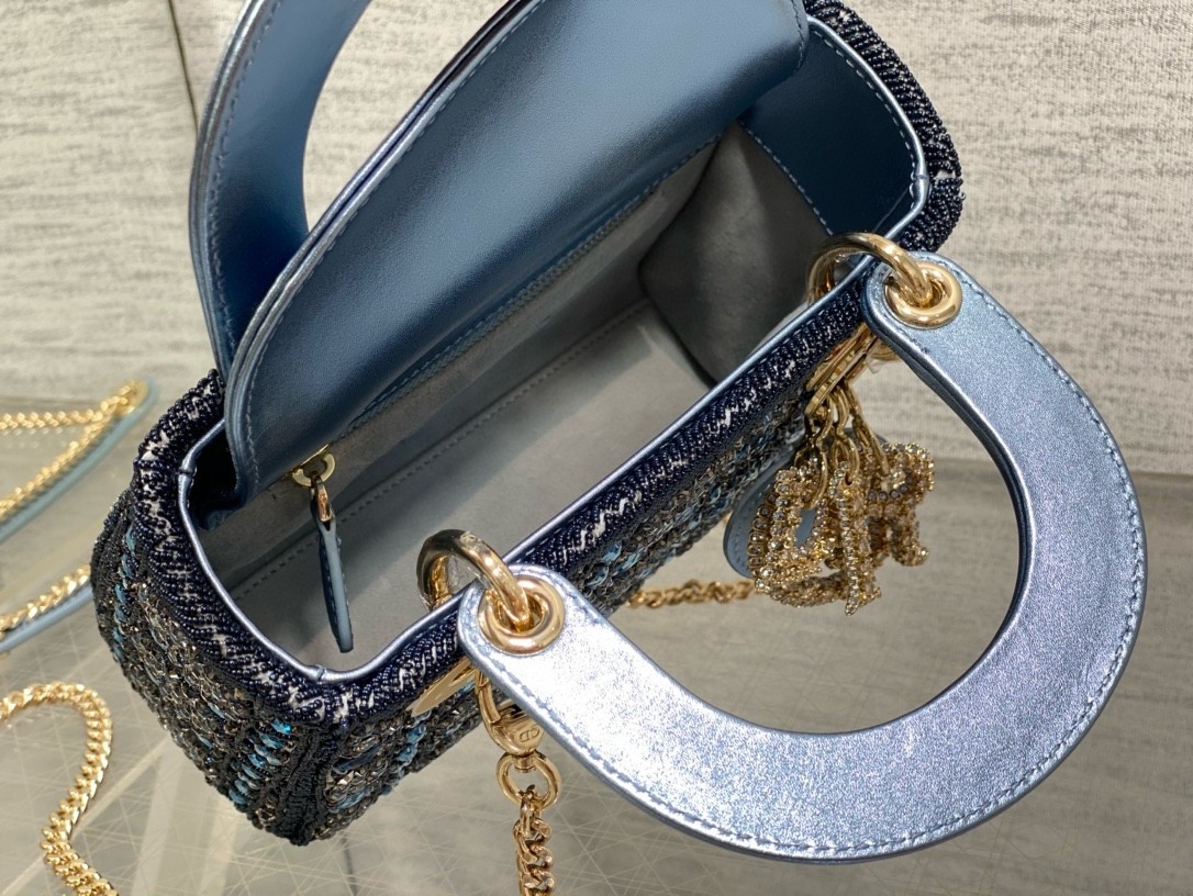 D*or lady D*or mini chain bag in satin with blue bead embroidery