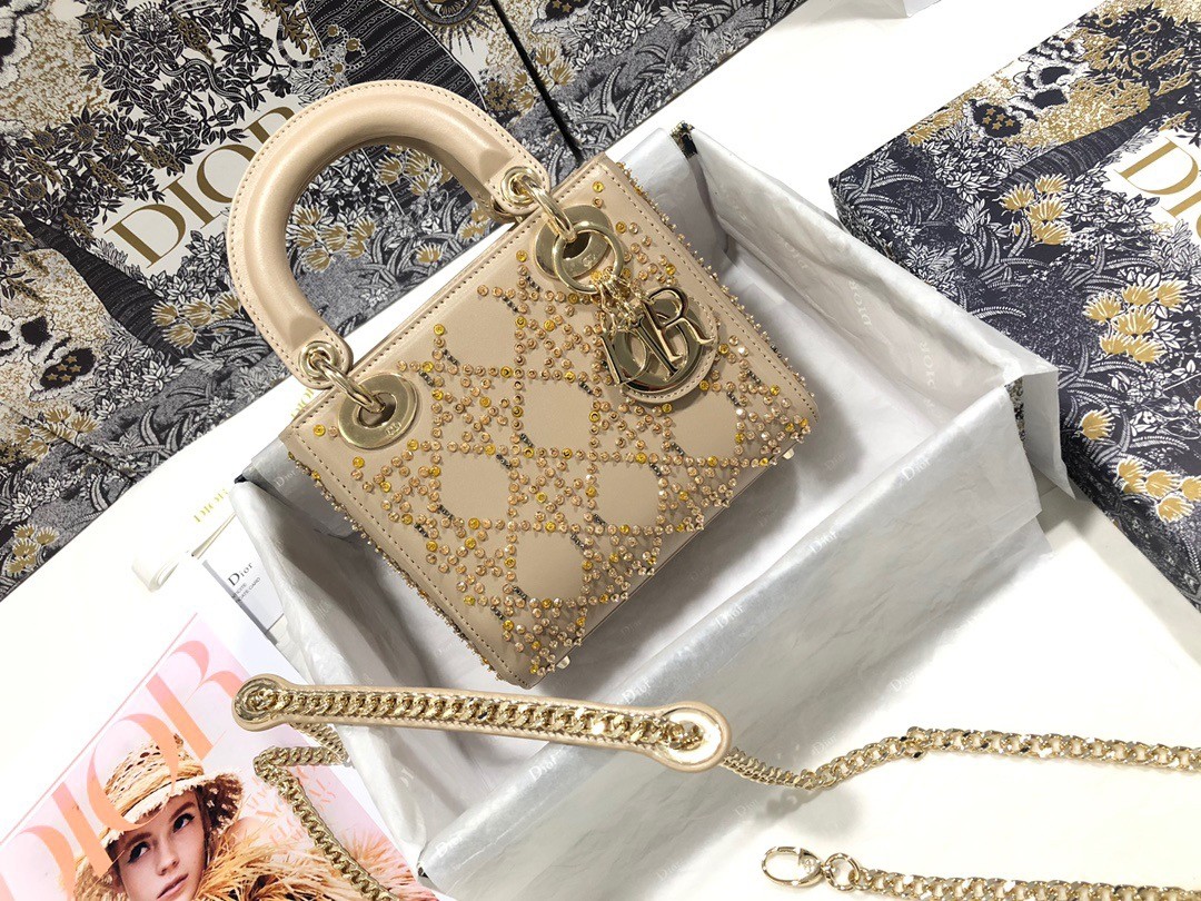 D*or mini lady D*or bag in metallic lambskin with beaded embroidery