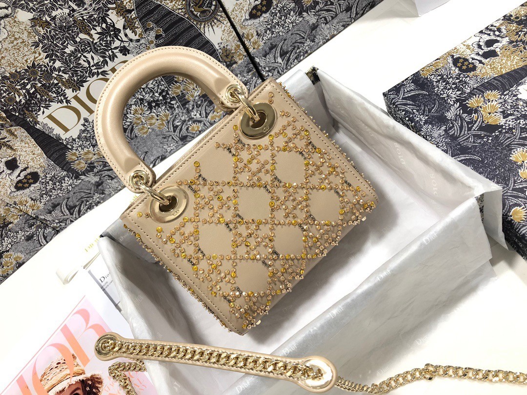 D*or mini lady D*or bag in metallic lambskin with beaded embroidery
