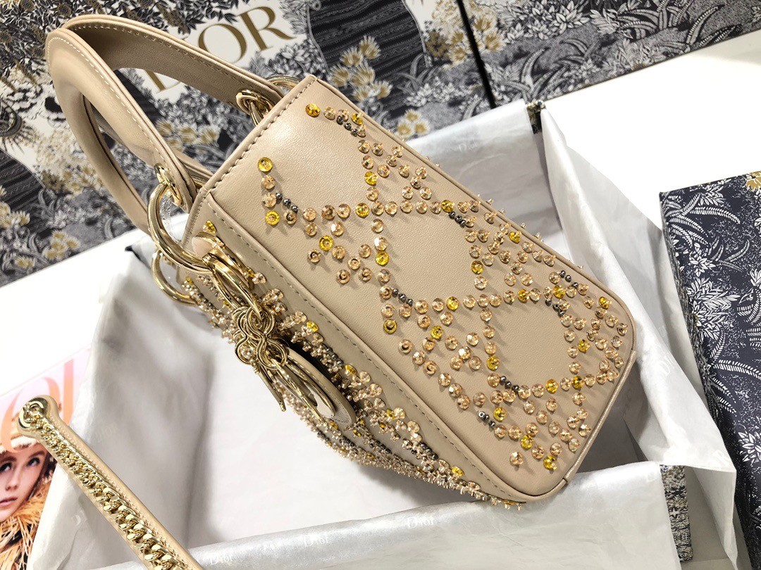 D*or mini lady D*or bag in metallic lambskin with beaded embroidery