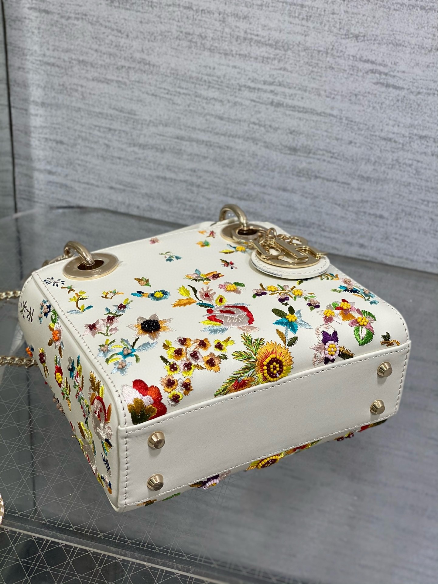 D*or lady D*or mini bag in white calfskin with multicolor small flowers