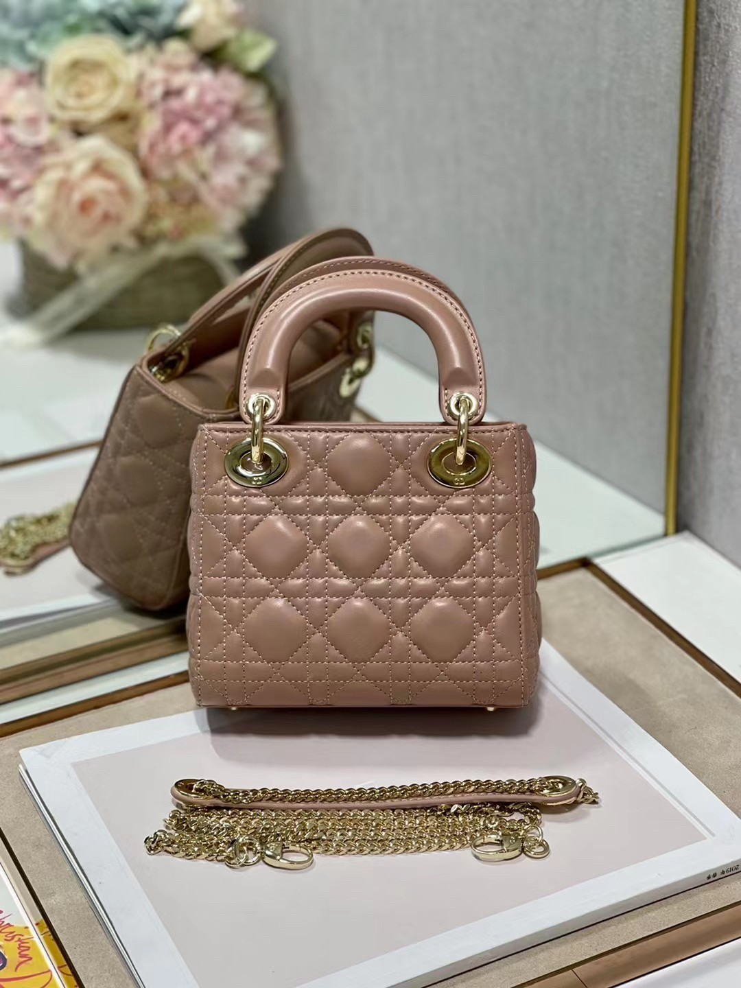 D*or mini lady D*or bag in blush cannage lambskin
