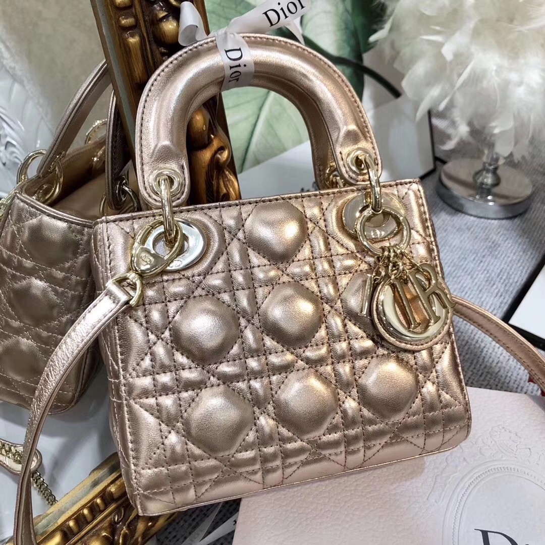 D*or mini lady D*or bag in gold metallic calfskin