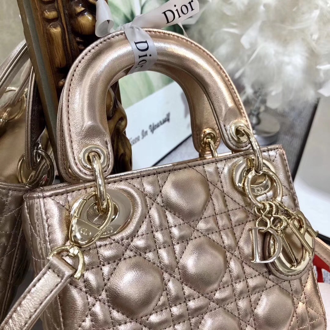 D*or mini lady D*or bag in gold metallic calfskin