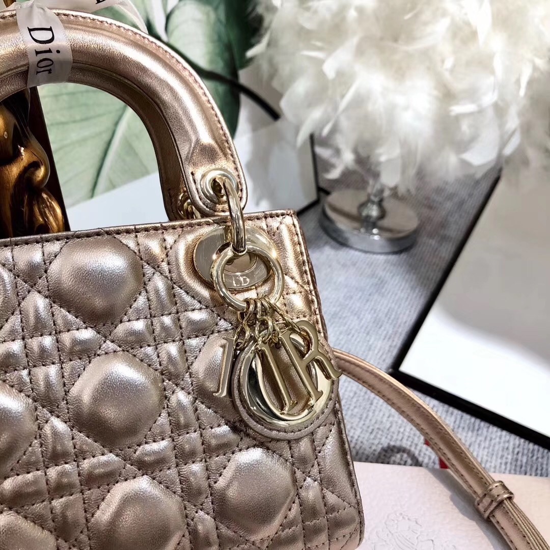 D*or mini lady D*or bag in gold metallic calfskin