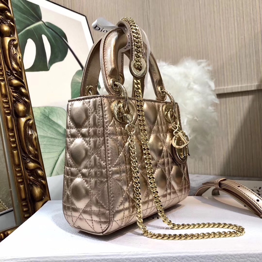 D*or mini lady D*or bag in gold metallic calfskin