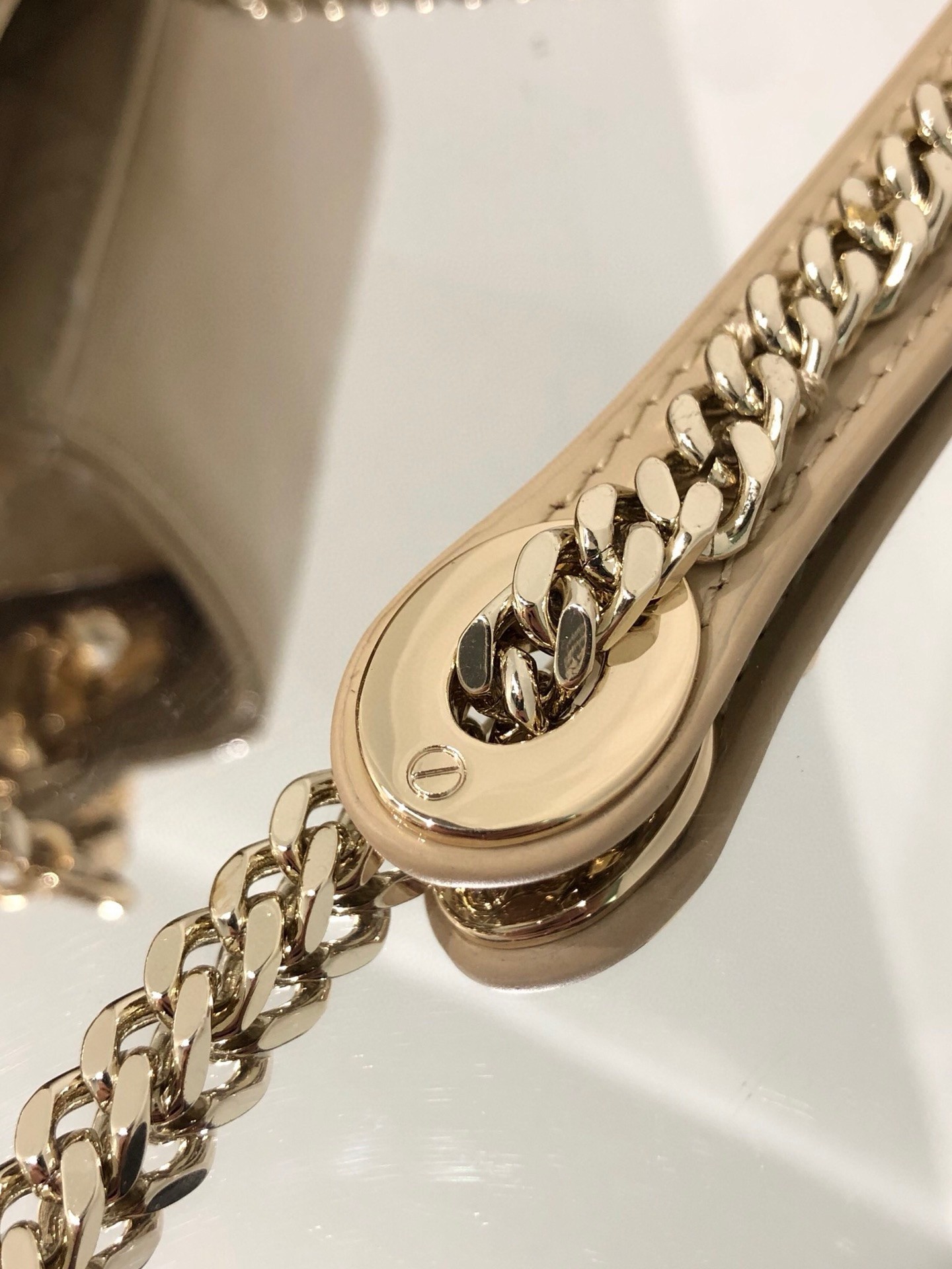 D*or lady D*or mini chain bag with chain in aesthetic beige patent calfskin