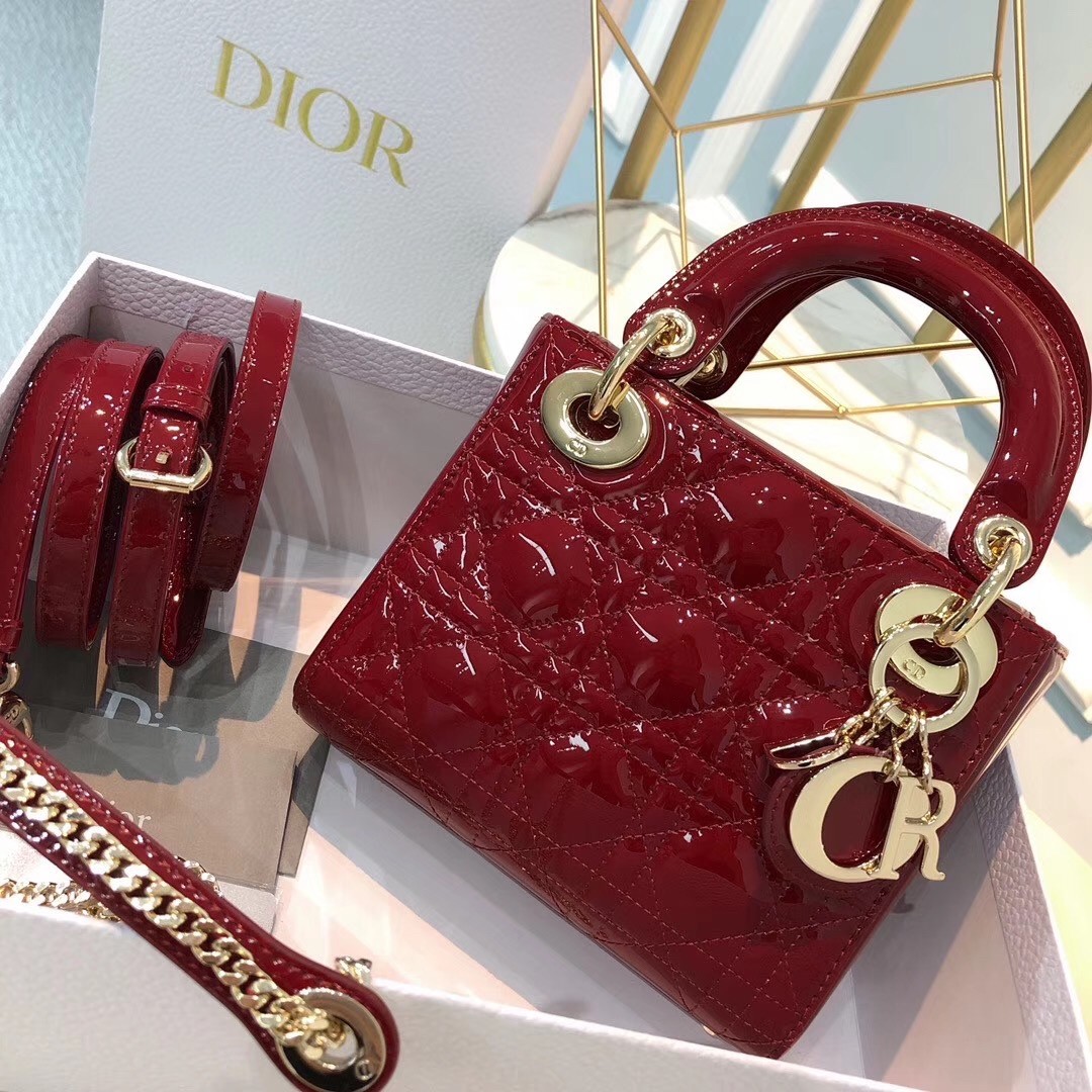 D*or mini lady D*or bag in red patent calfskin