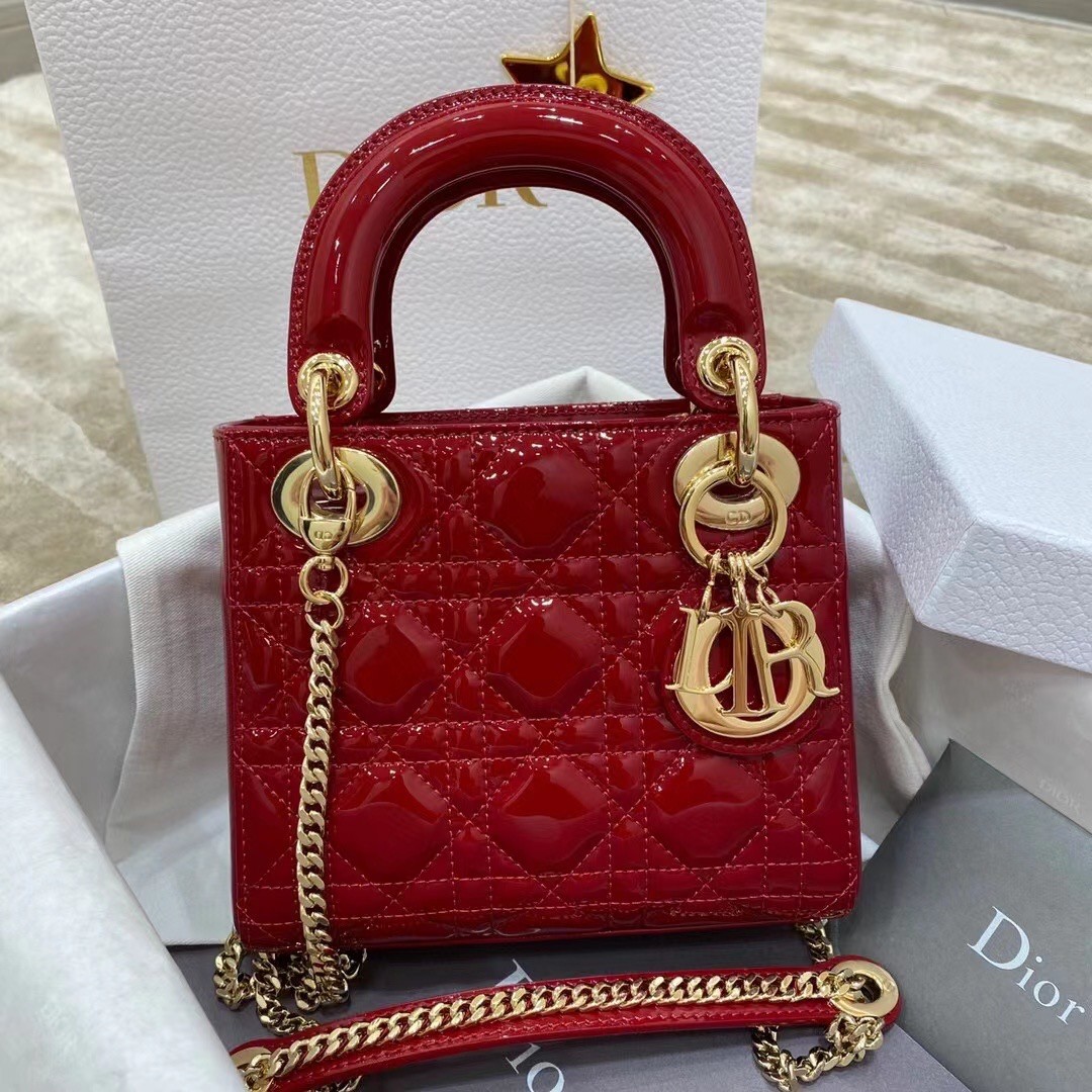 D*or red patent mini lady D*or bag with chain