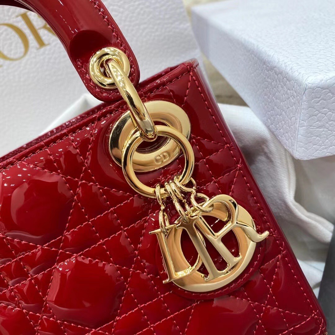 D*or red patent mini lady D*or bag with chain