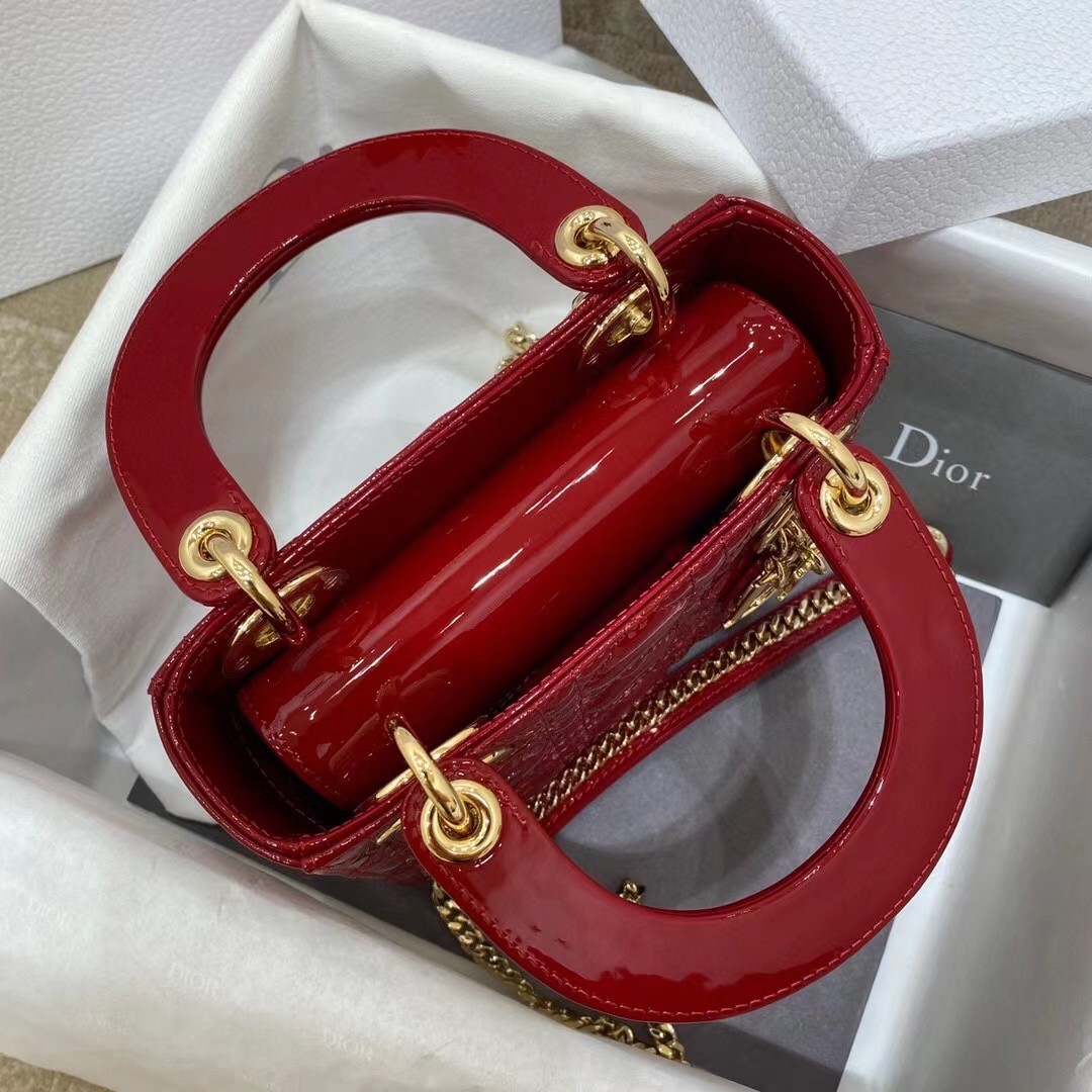 D*or red patent mini lady D*or bag with chain