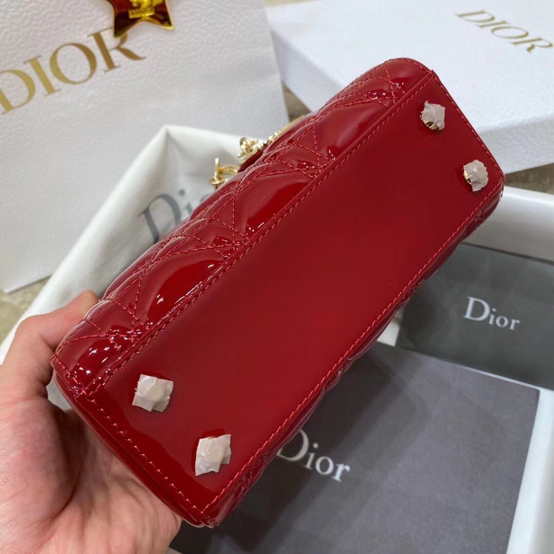 D*or red patent mini lady D*or bag with chain